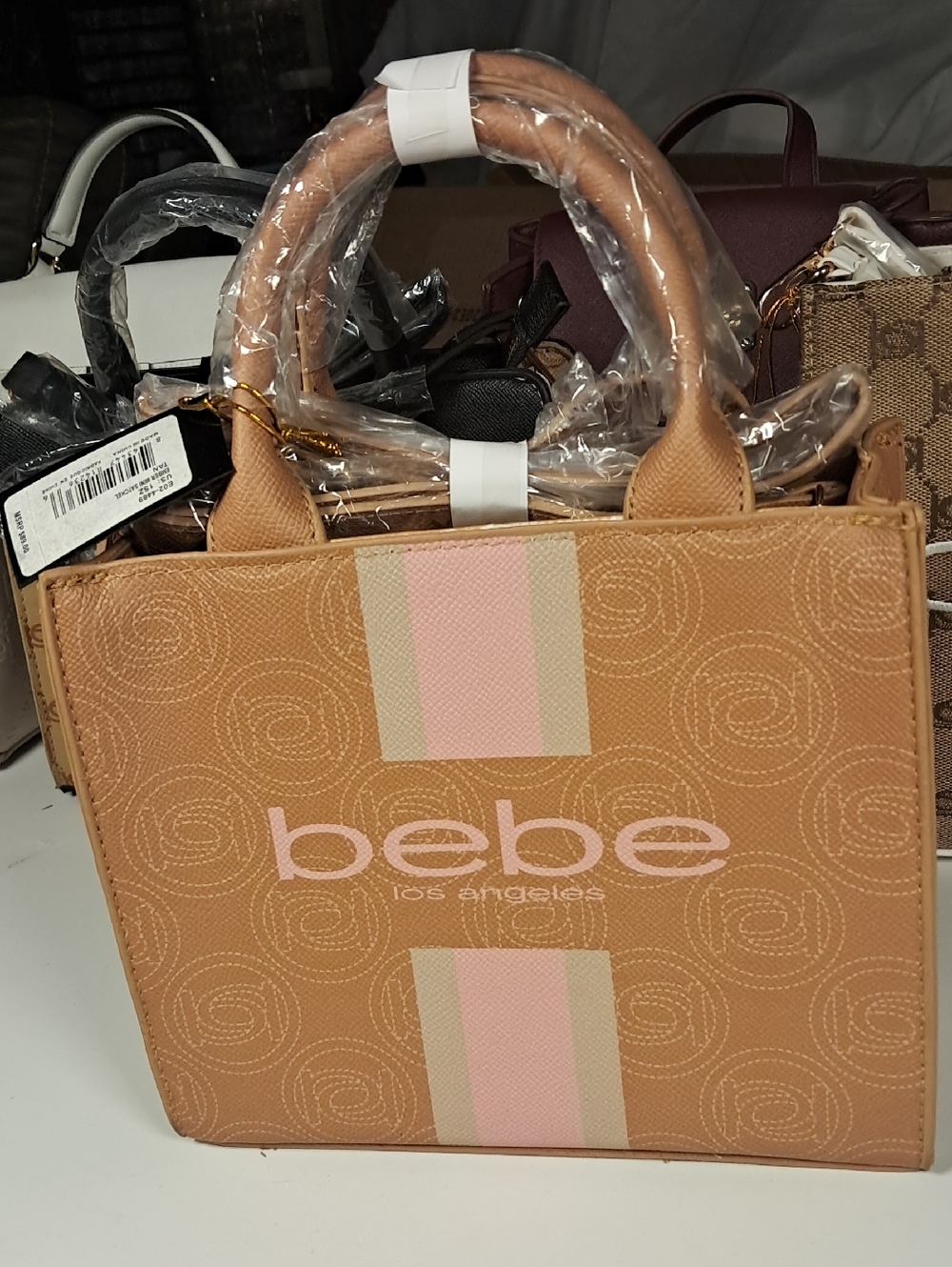 bebe Tan & Pink Medium Logo Structured Tote